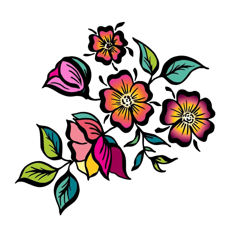 Vector hand-painted vintage flowers with curls isolated on white background