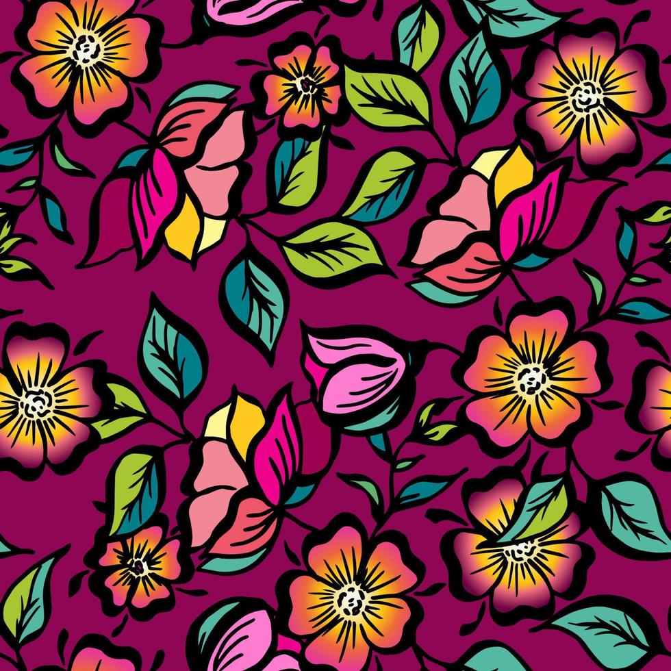 Vector set of hand-painted vintage flowers. Seamless ornamental pattern
