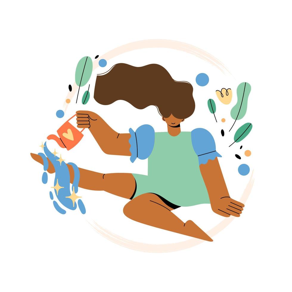 concepto psicológico de amor propio, aceptación, salud mental y cultivo del mundo interior. mujer feliz se vierte agua con estrellas. estilo de vida saludable. personaje de niña de ilustración vectorial vector