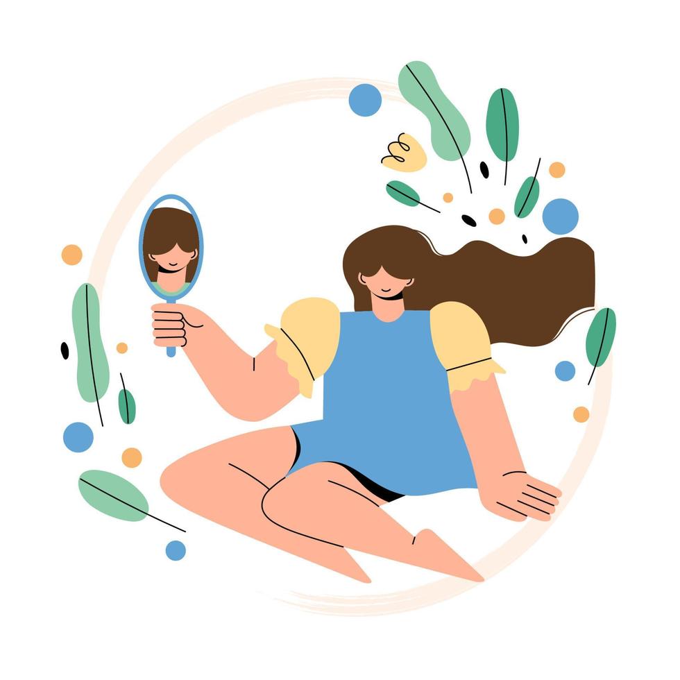 Happy woman sitting with a mirror in her hand and looking at herself surrounded by plants and flowers. The concept of mental health, self care, therapy and acceptance. Vector illustration of lifestyle