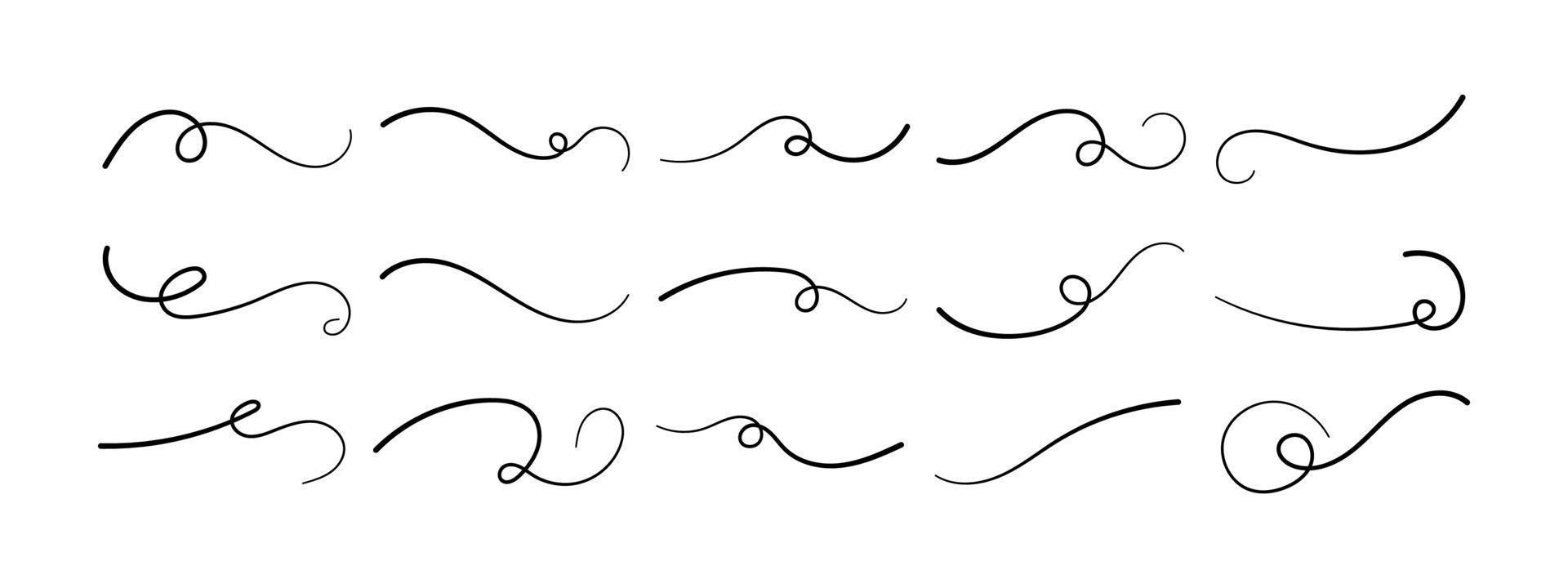 conjunto de dibujo a mano subrayado swoosh. las inscripciones caligráficas enfatizan la línea curva. elementos de tipografía vectorial. colección de trazos de pincel negro aislado sobre fondo blanco. adorno de colas. vector