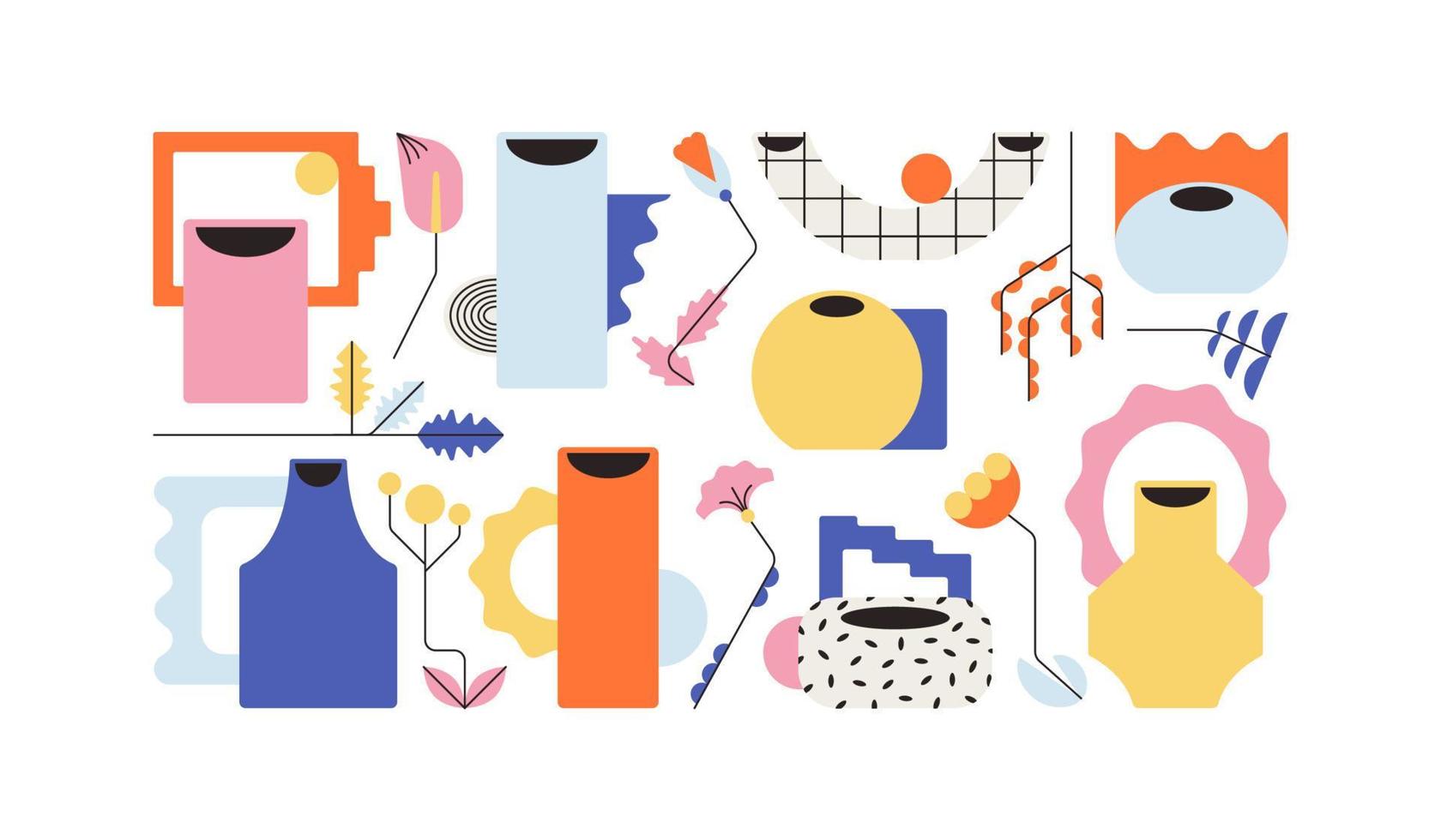 Ceramic vases in trendy modern style with geometric flowers. Vector ceramics in Memphis color. Organic forms of pottery. Abstract shape of utensils. Isolated elements on white background
