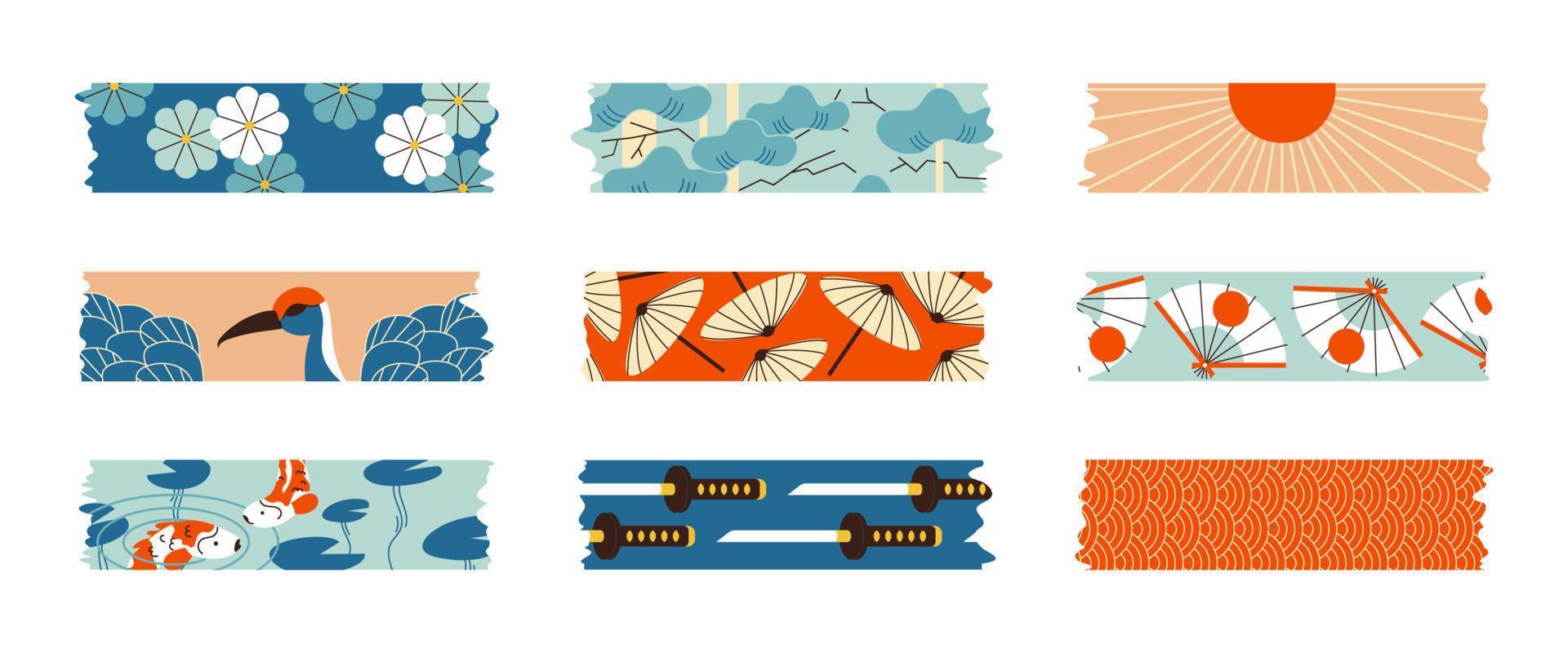 washi tape establece elementos de diseño japonés. colección de tiras de cinta adhesiva con estampado de peces koi, loto, paraguas, katana y abanico. trozos de papel adhesivo para marcos, álbumes de recortes, pegatinas. vector