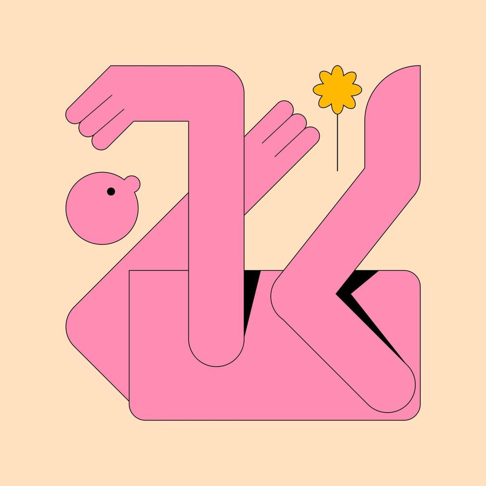 Abstract creature. Naive cute character with face and flower. Modern graphic design style in various poses. Vector shapes isolated in a rectangle.