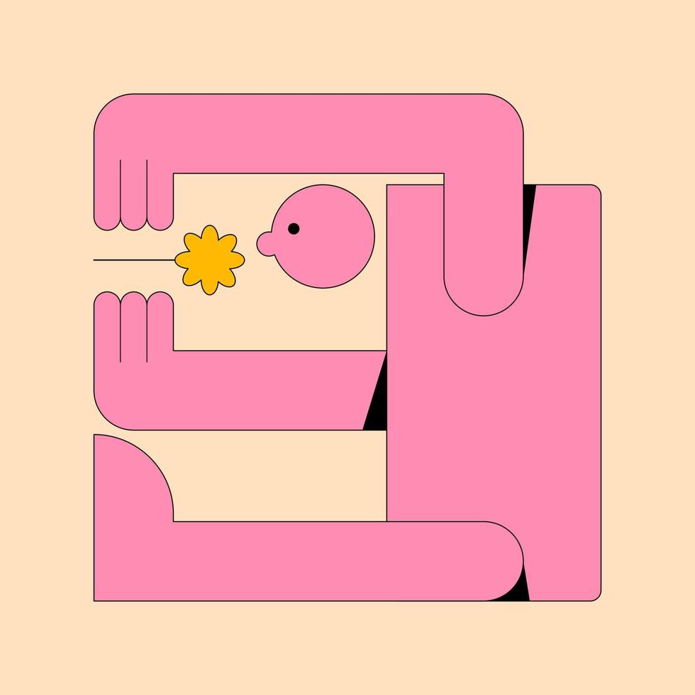 Strange pink geometric creature. Naive cute character with face and flower. Modern graphic style illustration in various poses. Vector shapes isolated in rectangle.