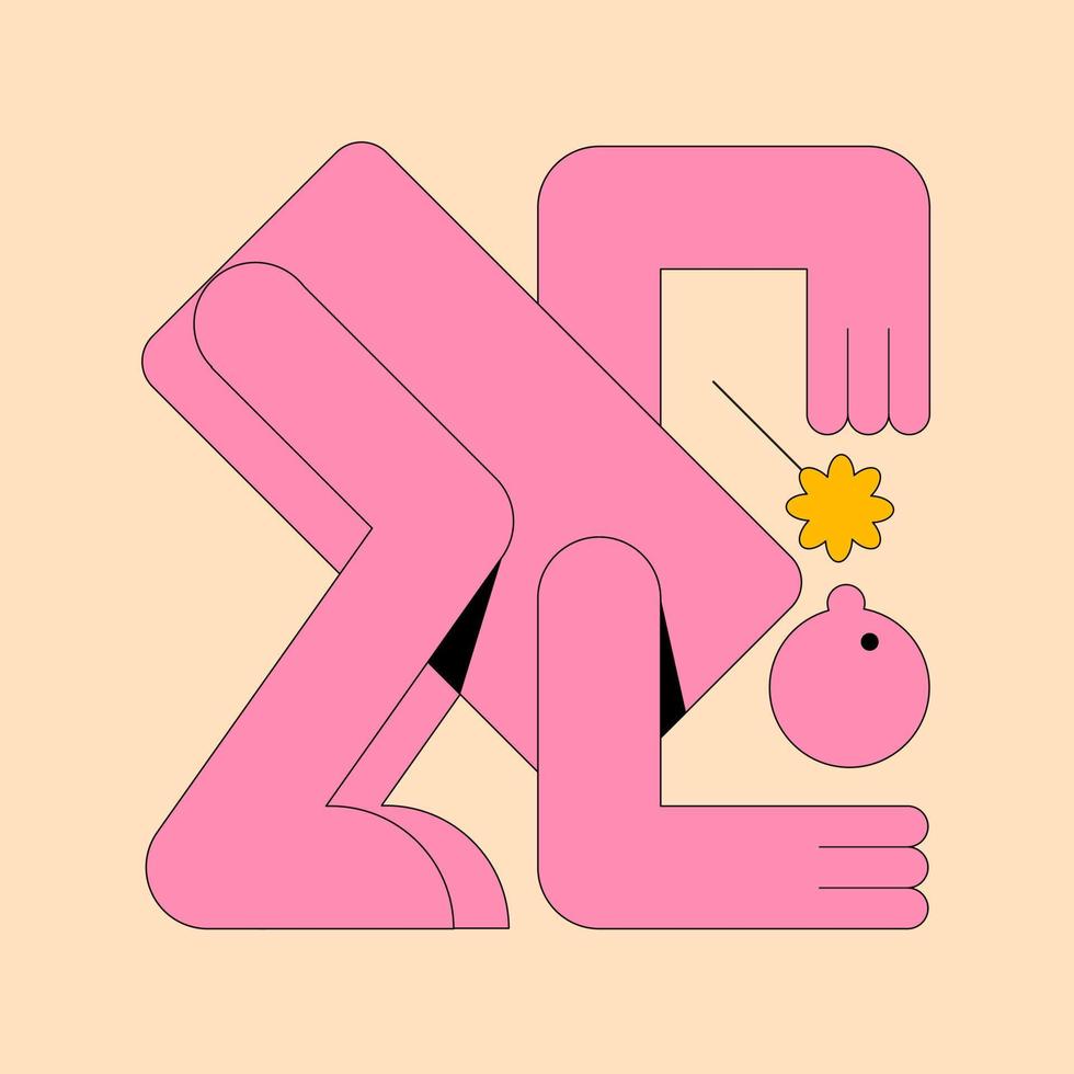 Abstract character symbol. Naive cute creature with face and flower. Modern graphic design style in various poses. Vector shapes isolated in a rectangle.