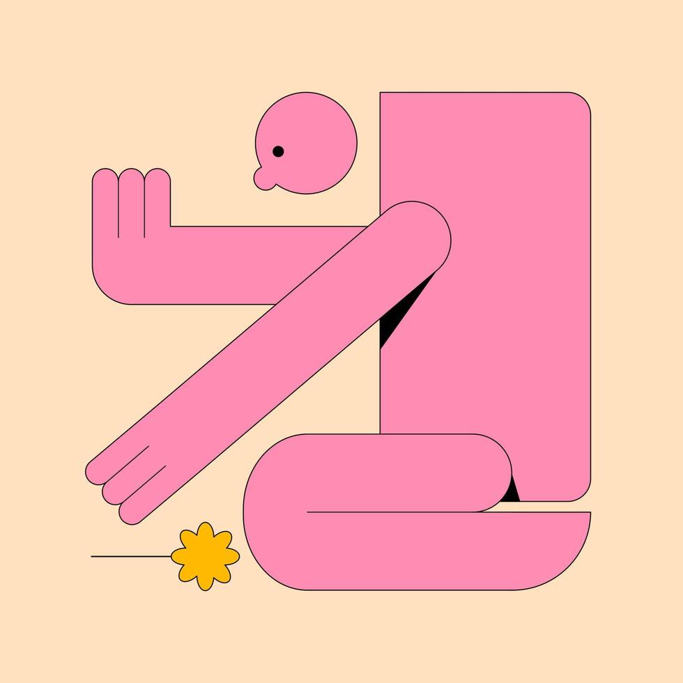 Strange geometric creature. Naive cute character with face and flower. Modern graphic design style in various poses. Vector shapes isolated in a rectangle.
