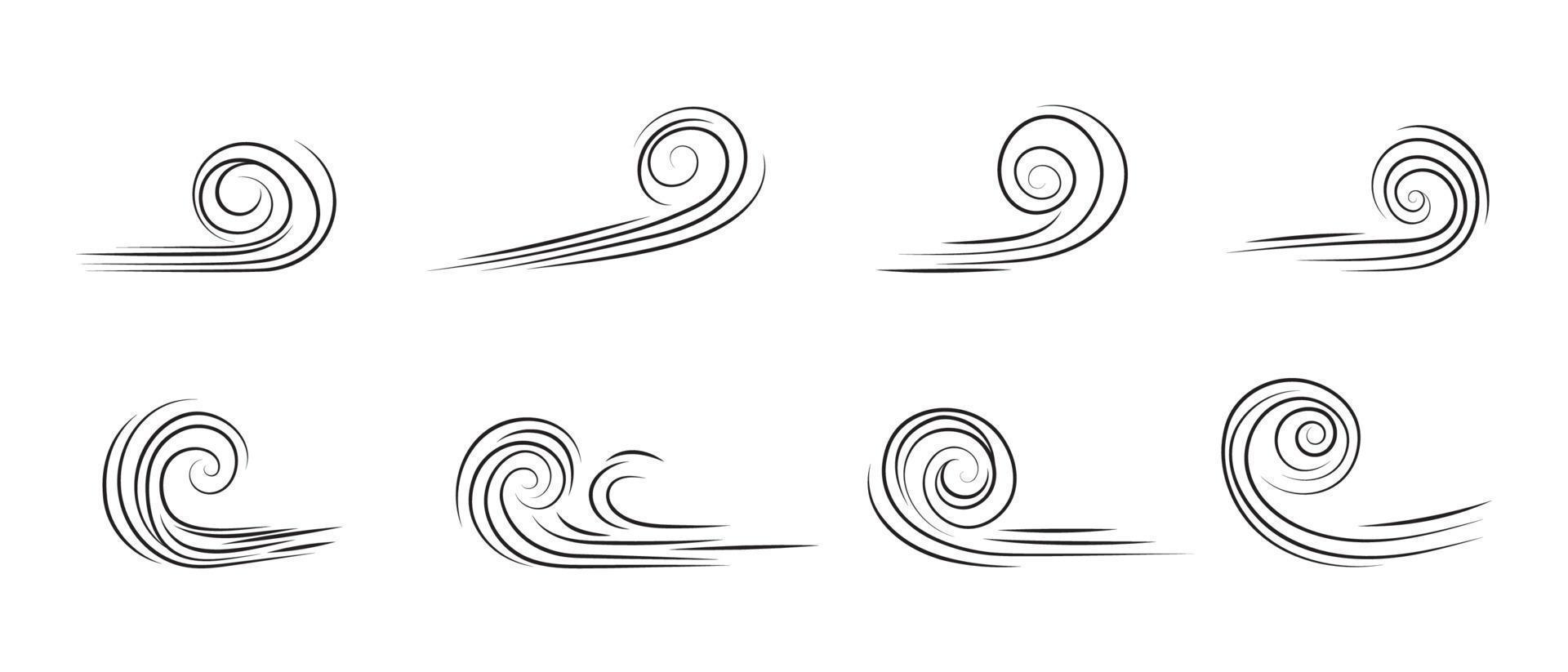 garabato de viento que sopla. símbolo de movimiento de viento de contorno aislado sobre fondo blanco. icono de onda de aire dibujado a mano. elemento de croquis climático. líneas decorativas vectoriales en forma de curva. vector