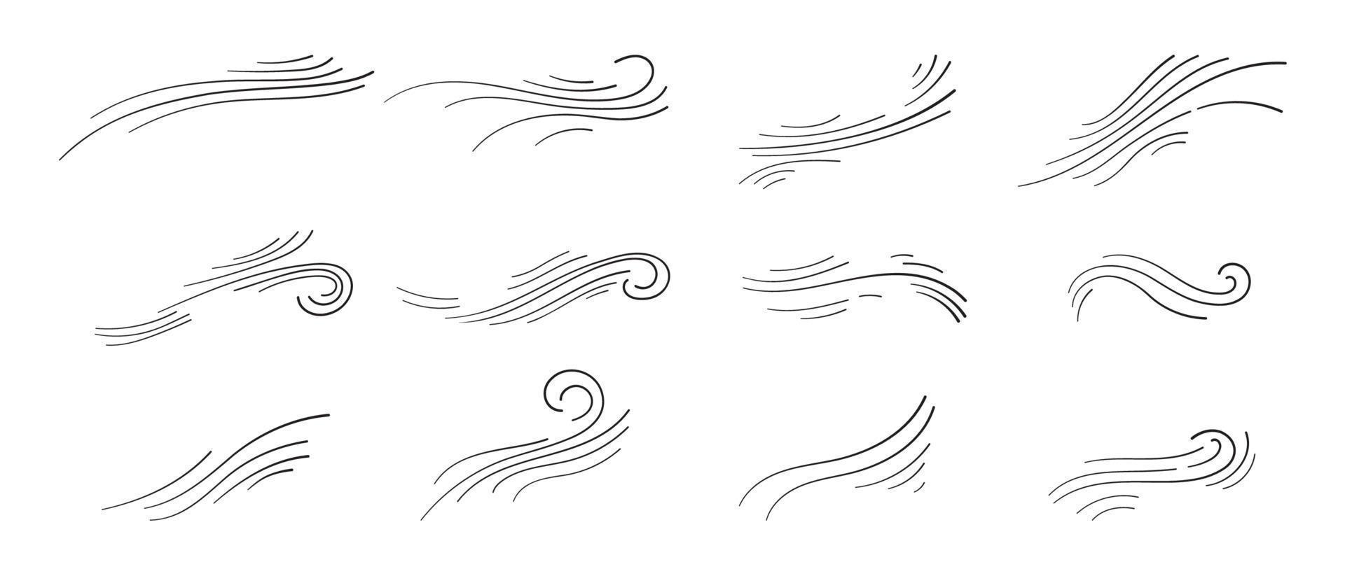 Doodle blowing wind. Hand drawn air wave icon. Outline wind movement symbol isolated on white background. Climate sketch element. Vector decorative dash lines in the shape of a curve.