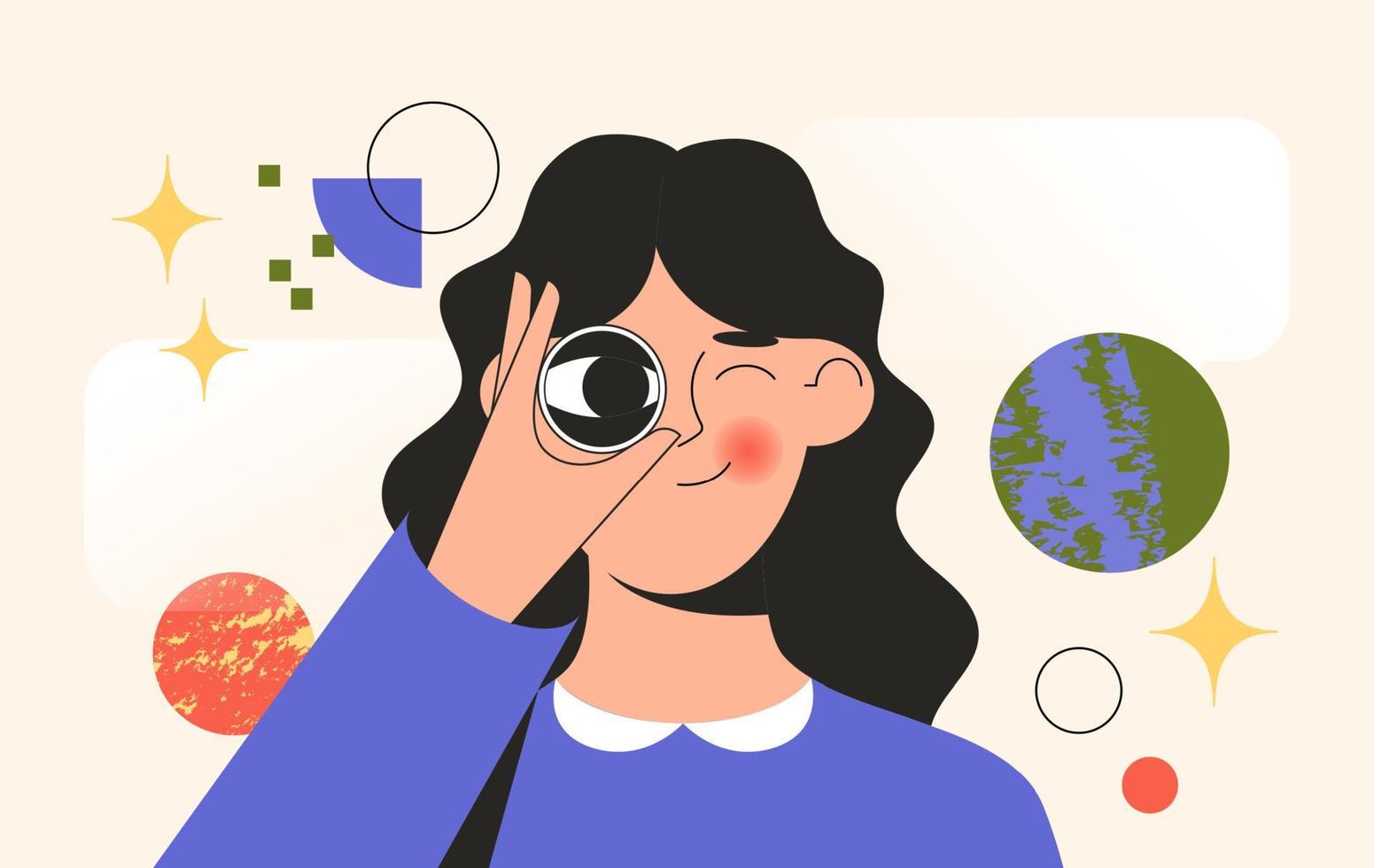 Girl holding binoculars. Concept of search, research or strategy for business. The eyes look forward through the lens. Vector illustration for web or user interface.