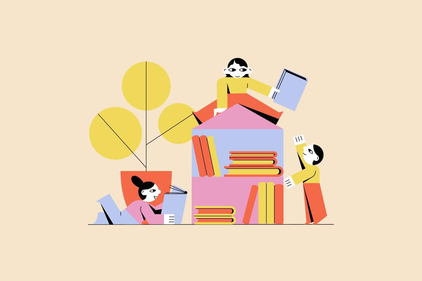 intercambio de libros, intercambio de libros por parte de jóvenes estudiantes, ilustración de alumnos. concepto de club literario entre personas. diseño plano vectorial aislado de cabaña en lugar público. los lectores intercambian literatura. vector plano