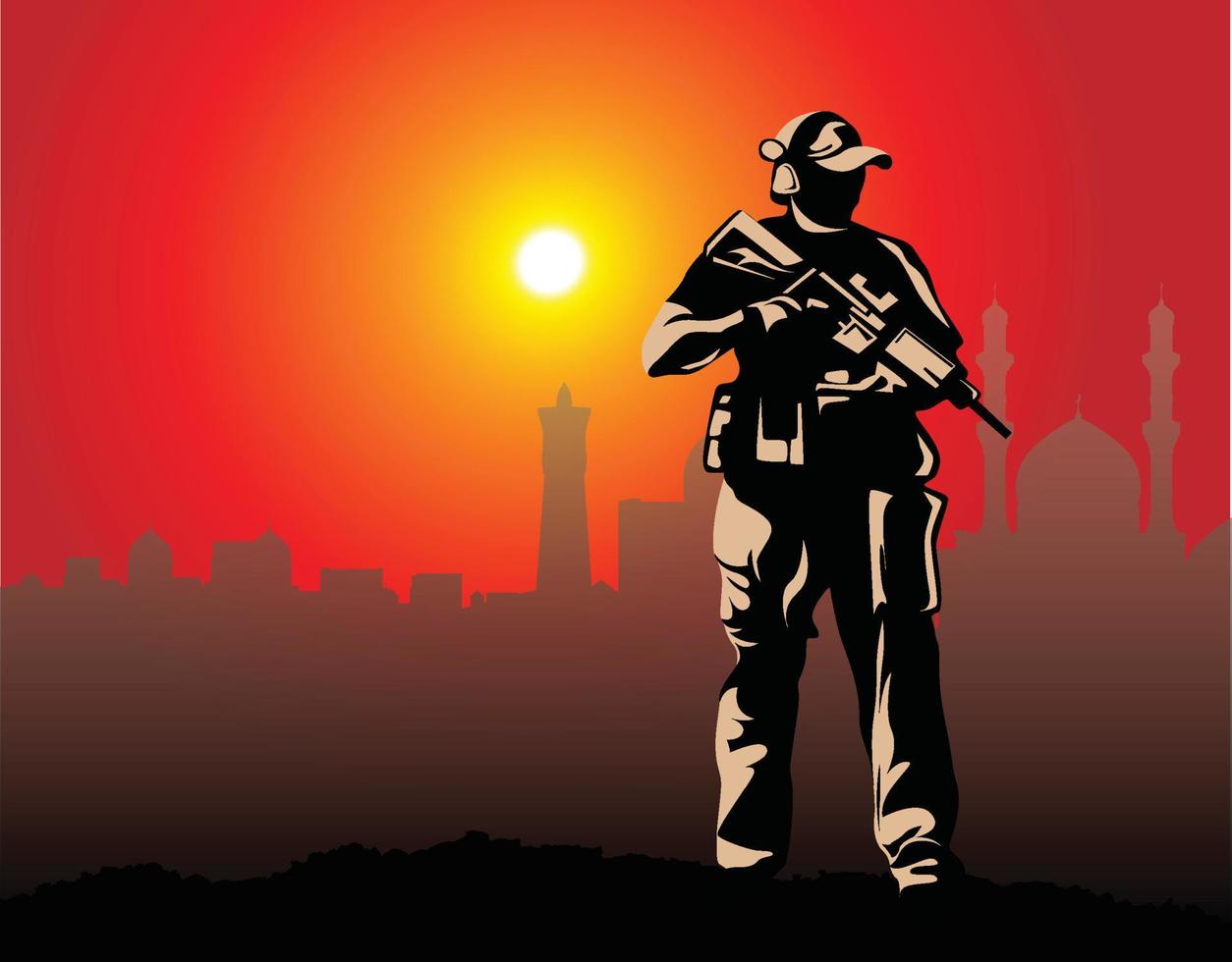 The silhouettes of a soldier  standing guard for the city vector