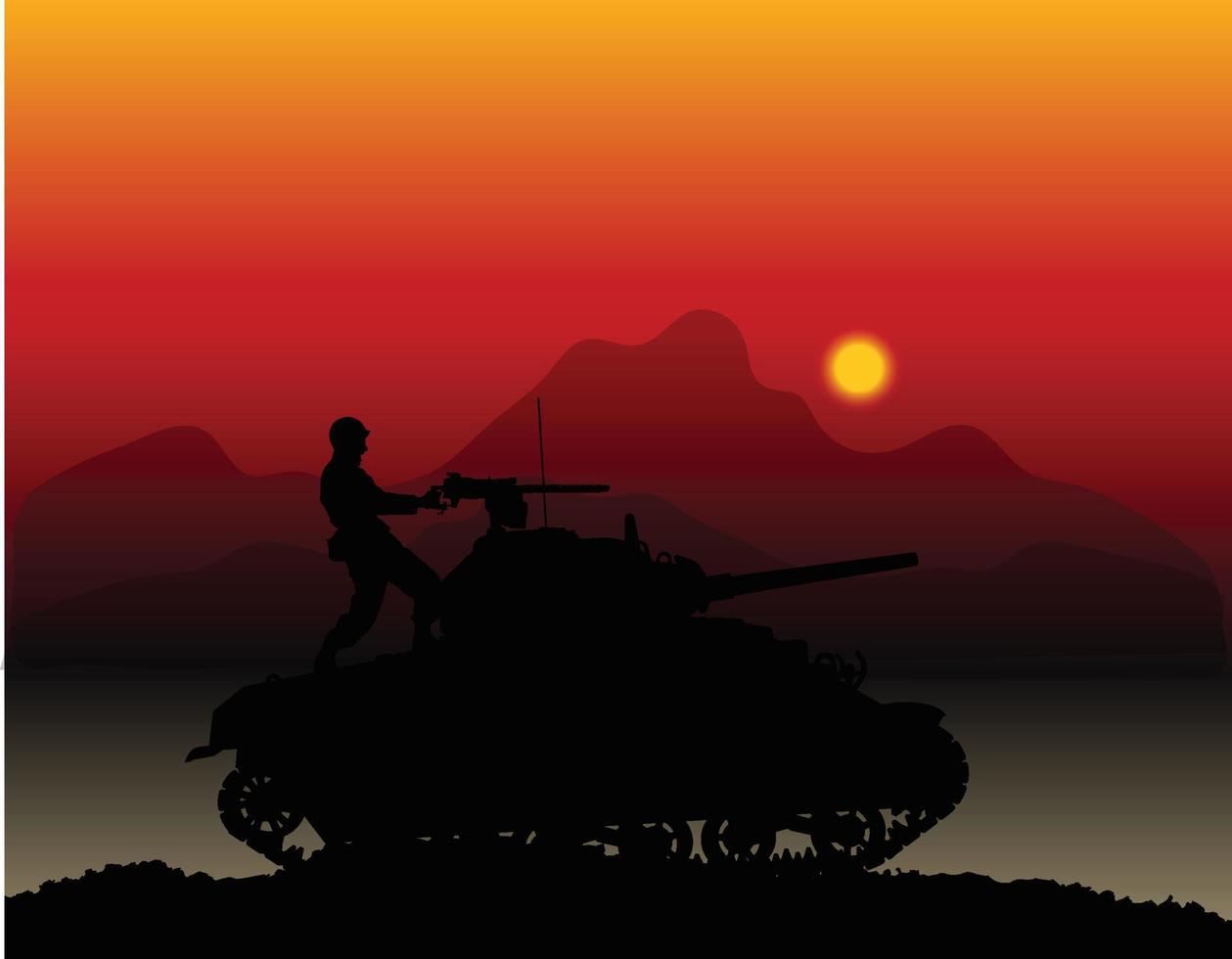 silueta de un tanque con un soldado al atardecer vector