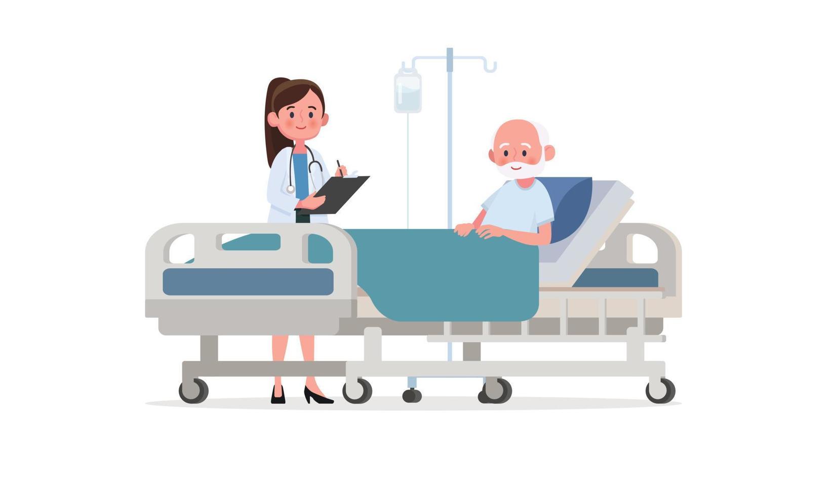 Doctor's visit to the ward of the patient. A sick person is in a medical bed on a drip. Vector illustration in a flat style