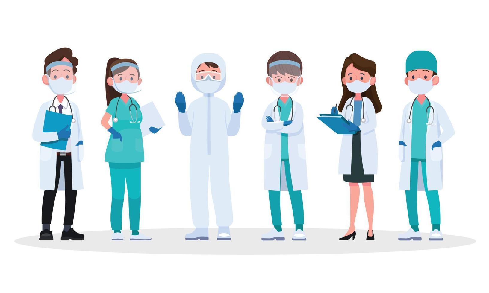 Frontline heroes, Team of doctors in protective medical masks. The fight against coronavirus COVID-19. Vector illustration in cartoon style