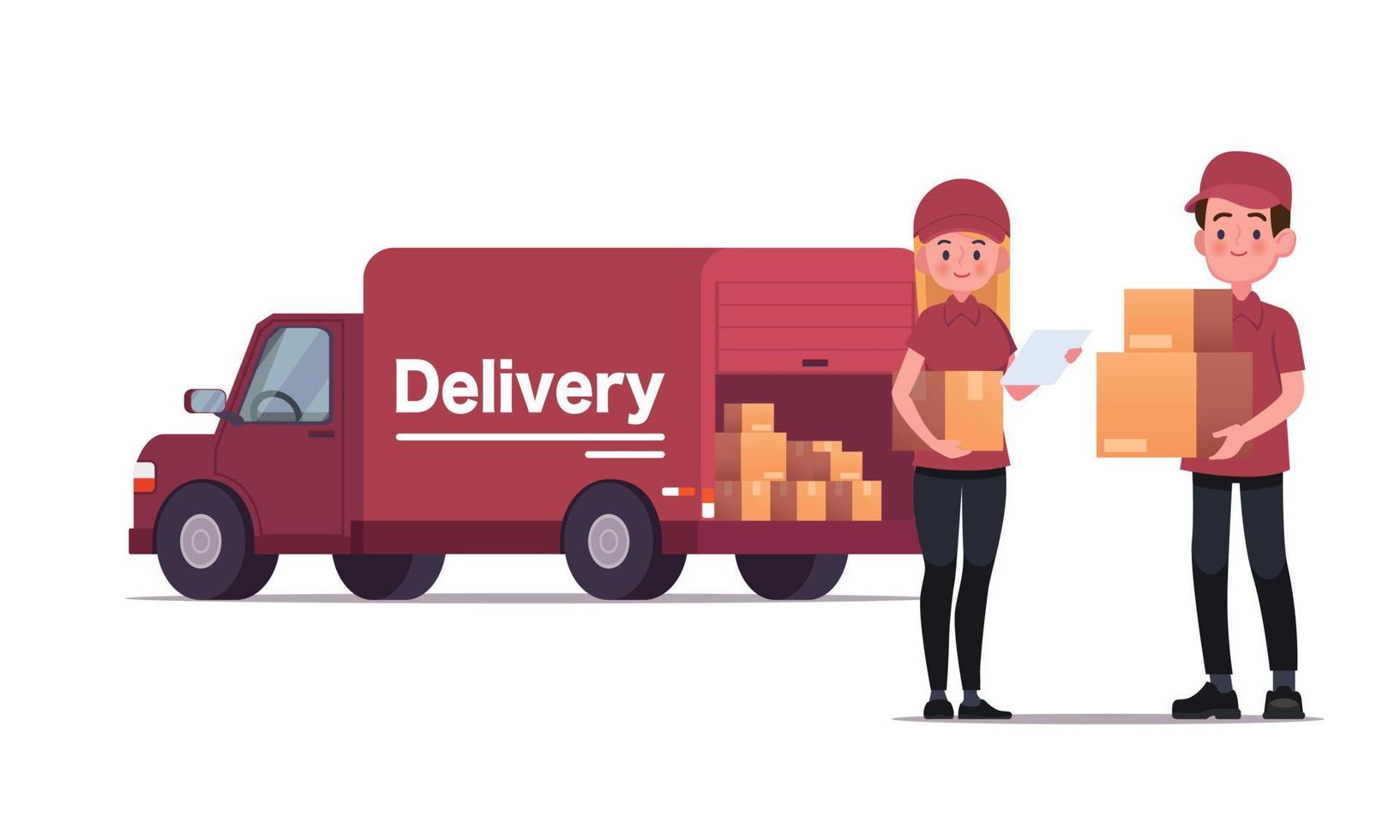 Delivery courier carrying packages with delivery truck vector illustration