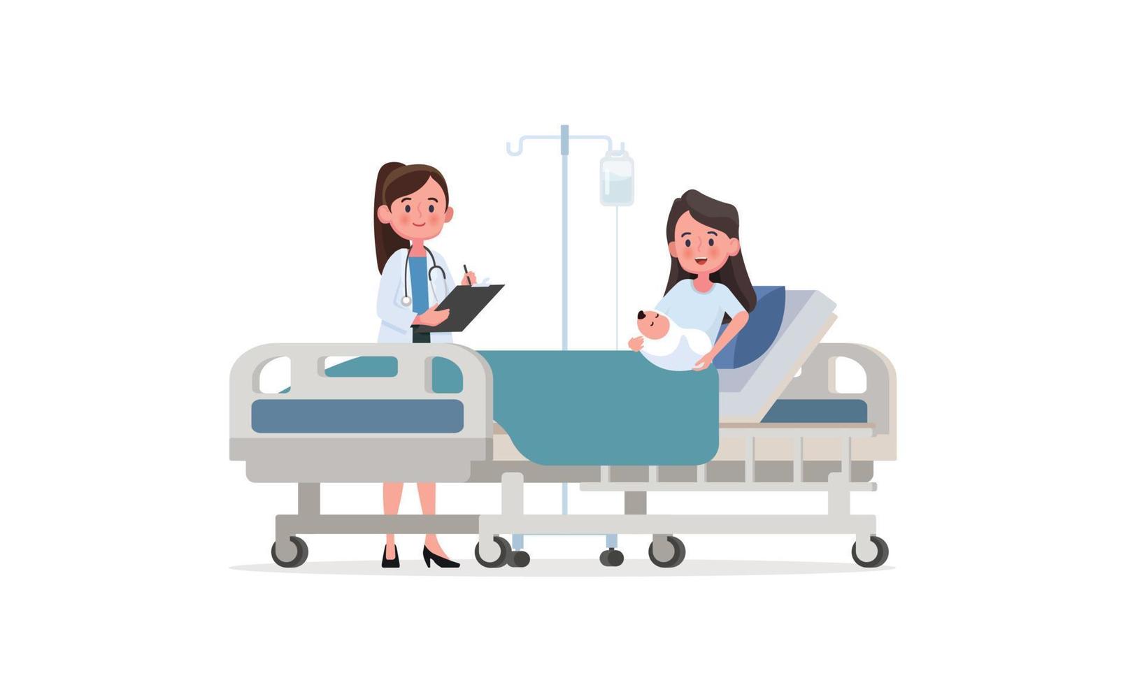 Doctor and mother with newborn baby in modern maternity ward vector