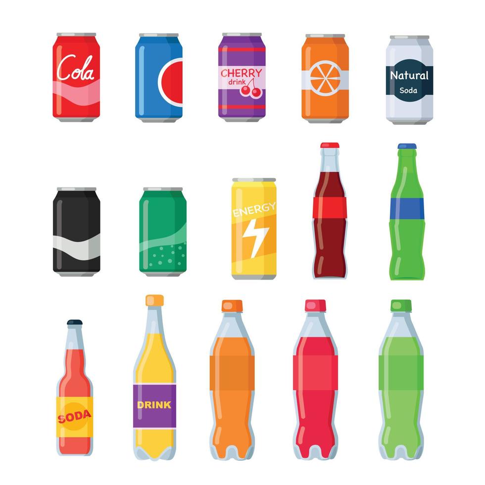 Soft drinks bottles. Bottled beverage, vitamin juice, sparkling or natural water in cans, glass and plastic bottles. vector