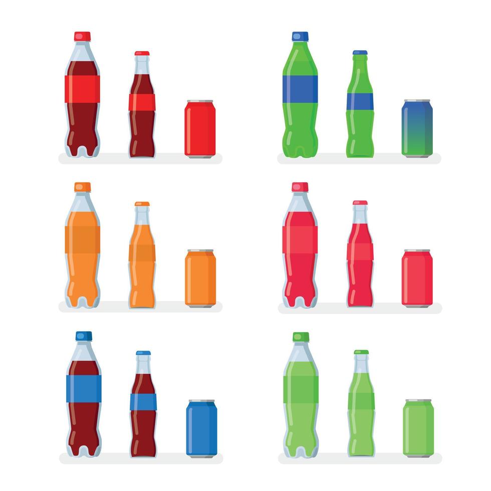 botellas de refrescos. bebida embotellada, jugo de vitamina, agua con gas o natural en latas, botellas de vidrio y plástico. vector