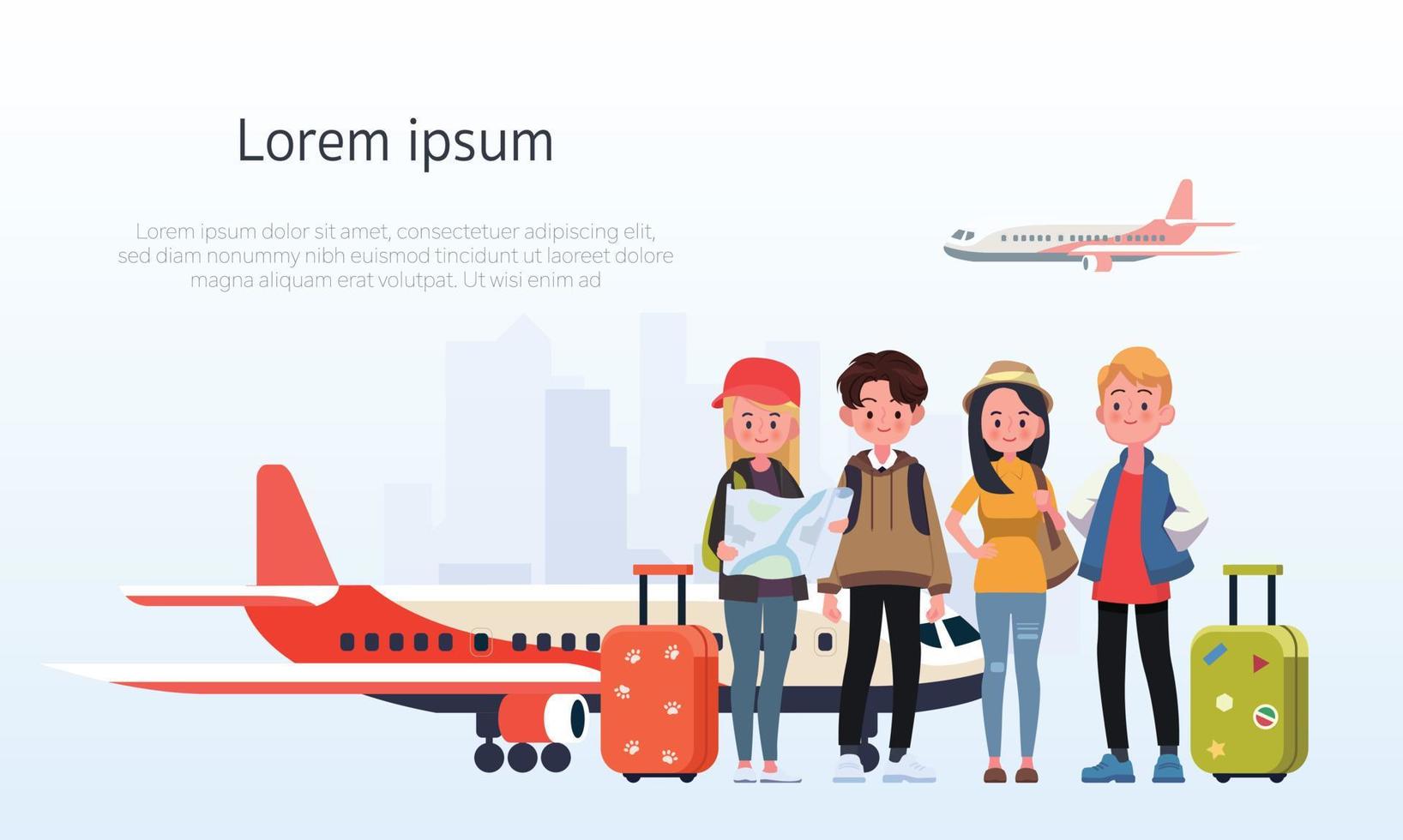 Happy group of teen traveler at the airport. Vector illustration in a flat style