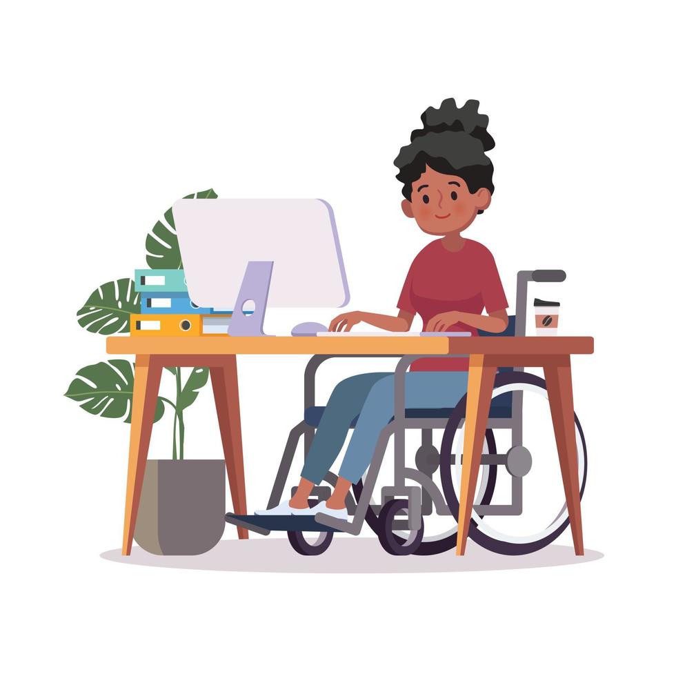 Person in wheelchair working on computer desk in home office vector