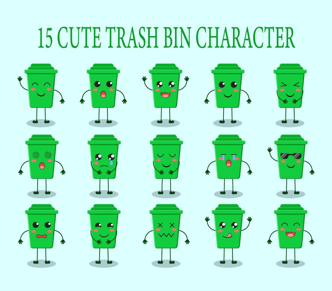 set of 15 cute trash bin characters with various expressions vector