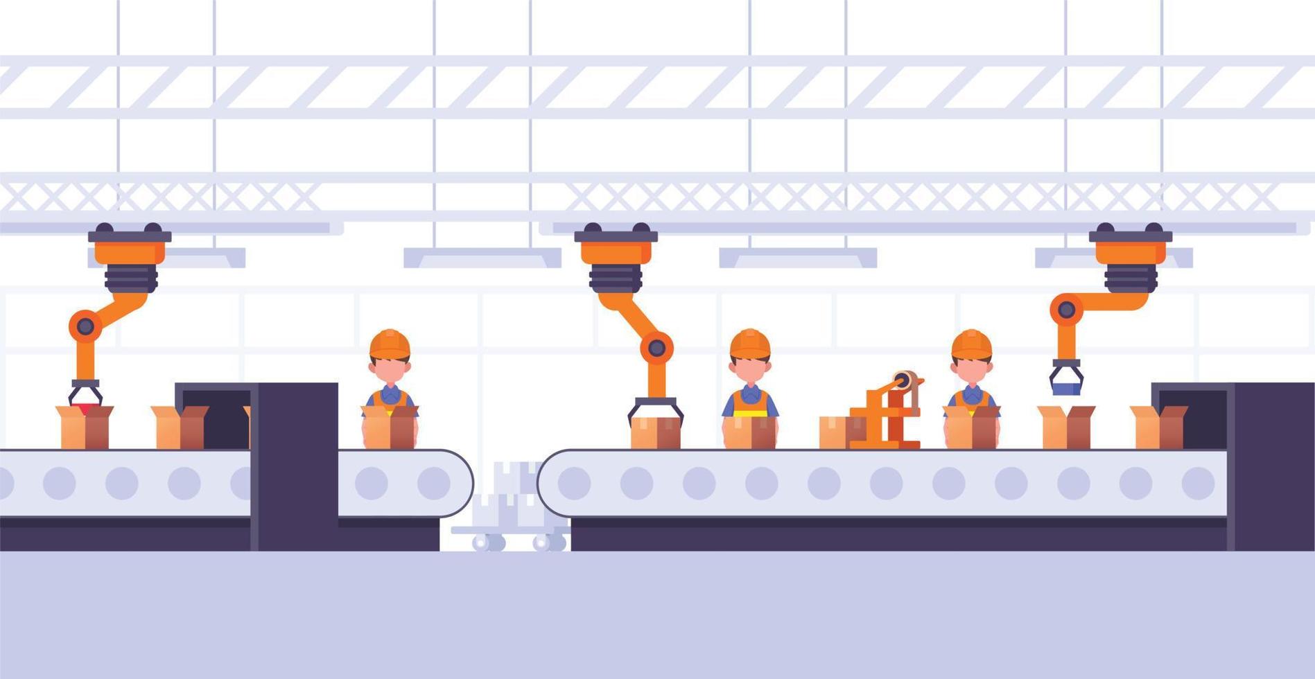 Industrial factory conveyor with production packing process concept. Factory line industry, industrial belt automation illustration vector