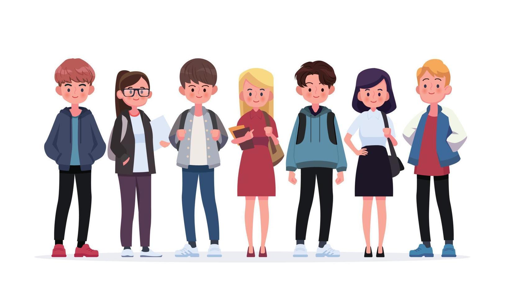 Group of young students. Flat style vector illustration isolated on white background.