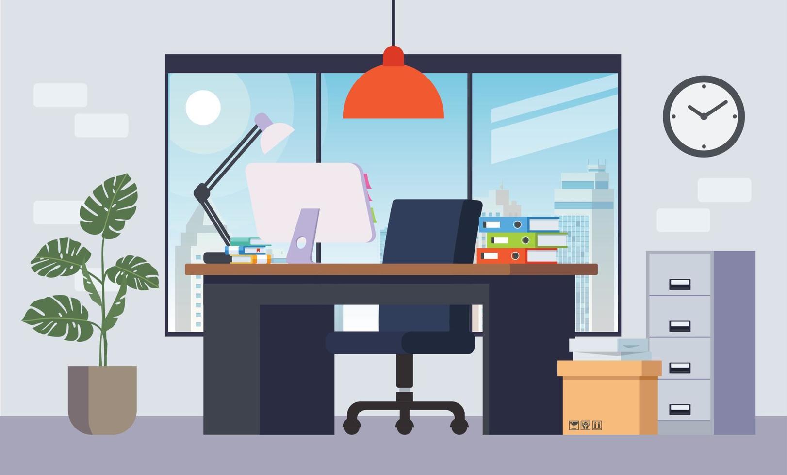 ilustración de una sala de oficina con mesas, estantes y computadoras. vector