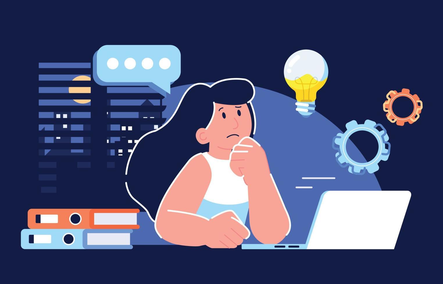 A girl sitting in front of a computer thinking vector