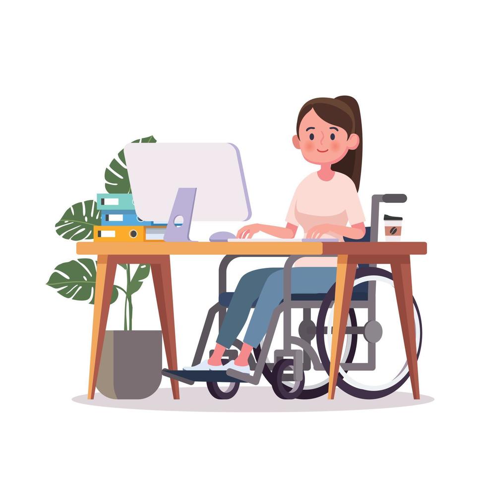 Person in wheelchair working on computer desk in home office vector