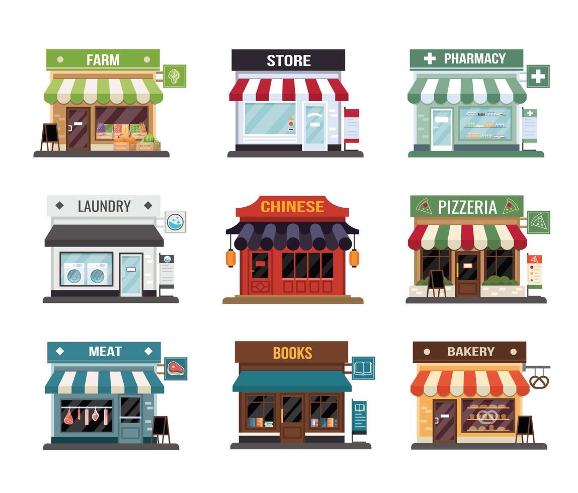 Flat style shop little tiny icon set. Chinese, fram, bakery, pizza, pharmacy, fram, books, butcher's vector