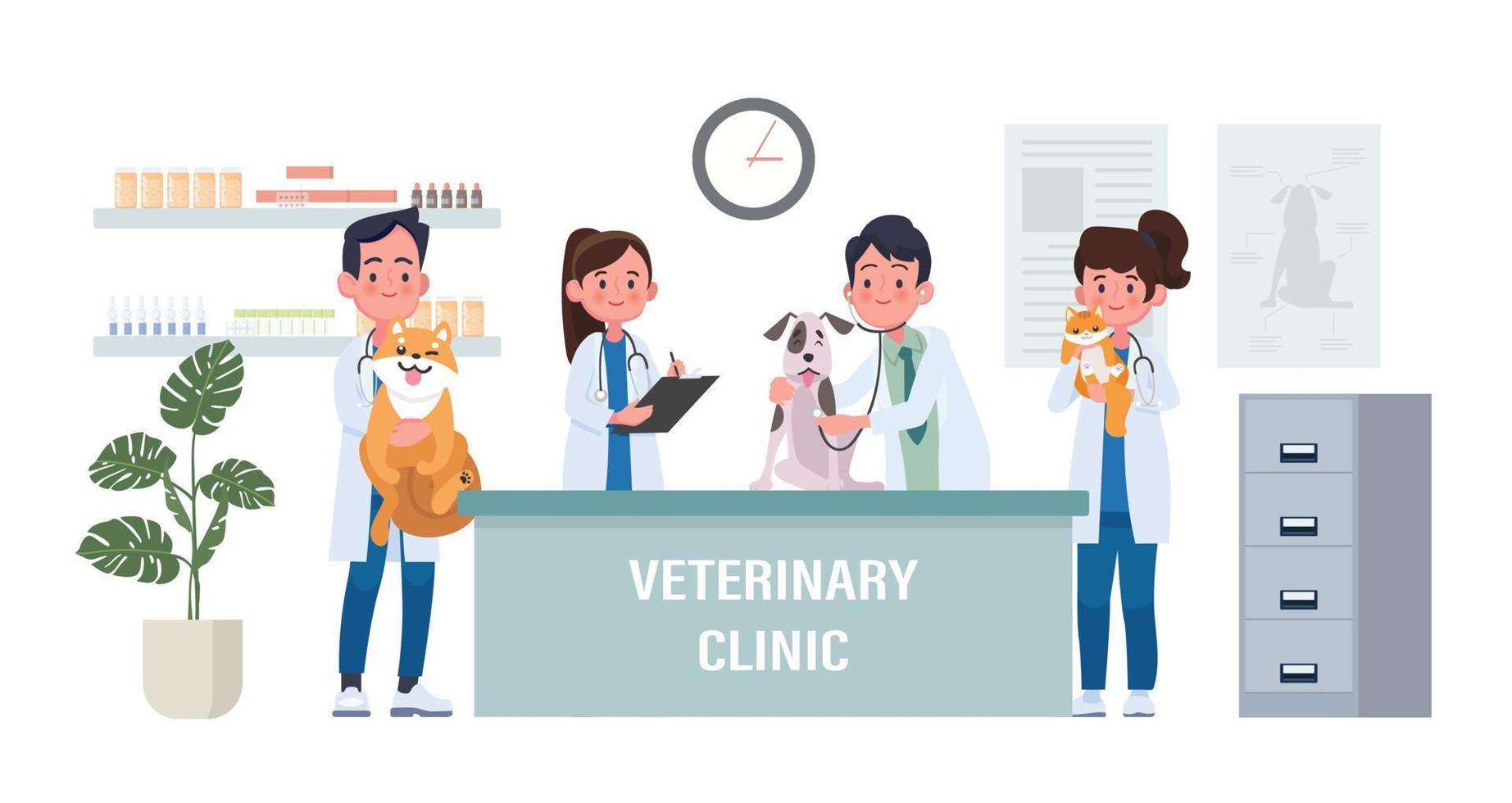 clínica veterinaria, servicio de salud o centro médico para animales domésticos. ilustración vectorial colorida de dibujos animados planos. vector