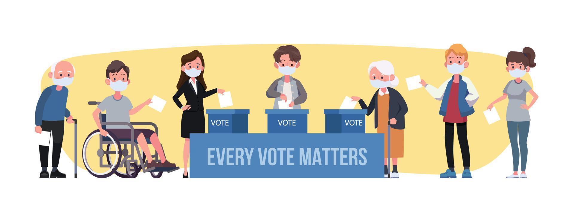 Voting process during pandemic. Voters in masks cast paper ballot putting vote into election box set. vector