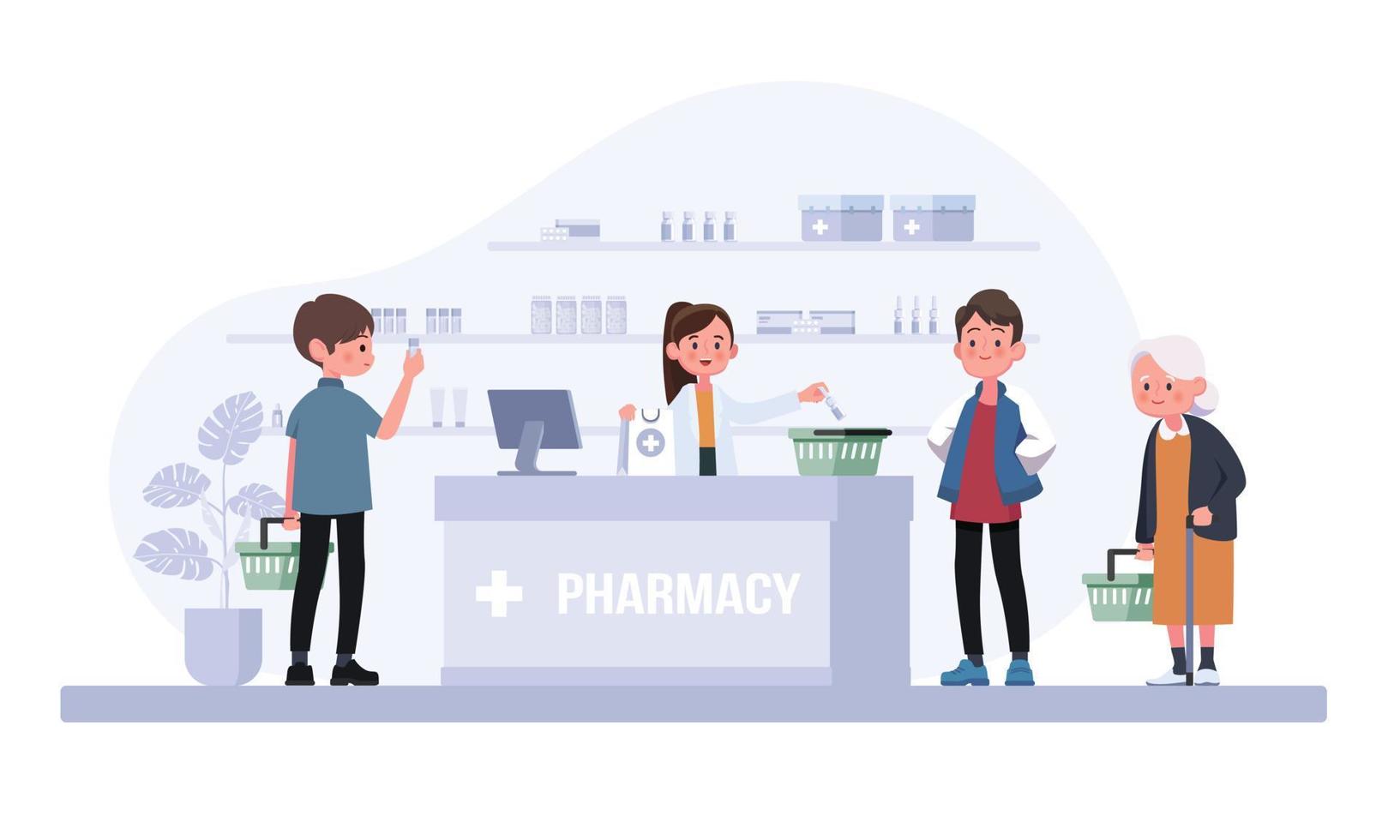 pharmacy with pharmacist and client in counter. drugstore cartoon character design vector illustration