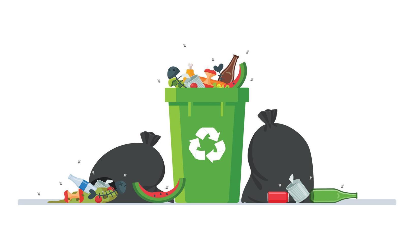 Dirty garbage around the trashcan vector isolated, Flies