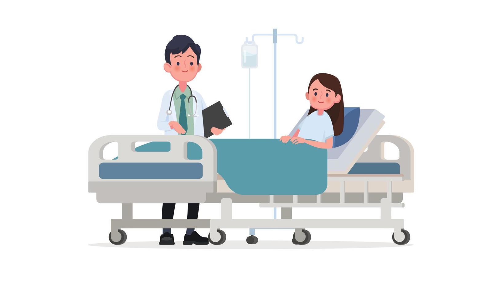 Doctor's visit to the ward of the patient. A sick person is in a medical bed on a drip. Vector illustration in a flat style