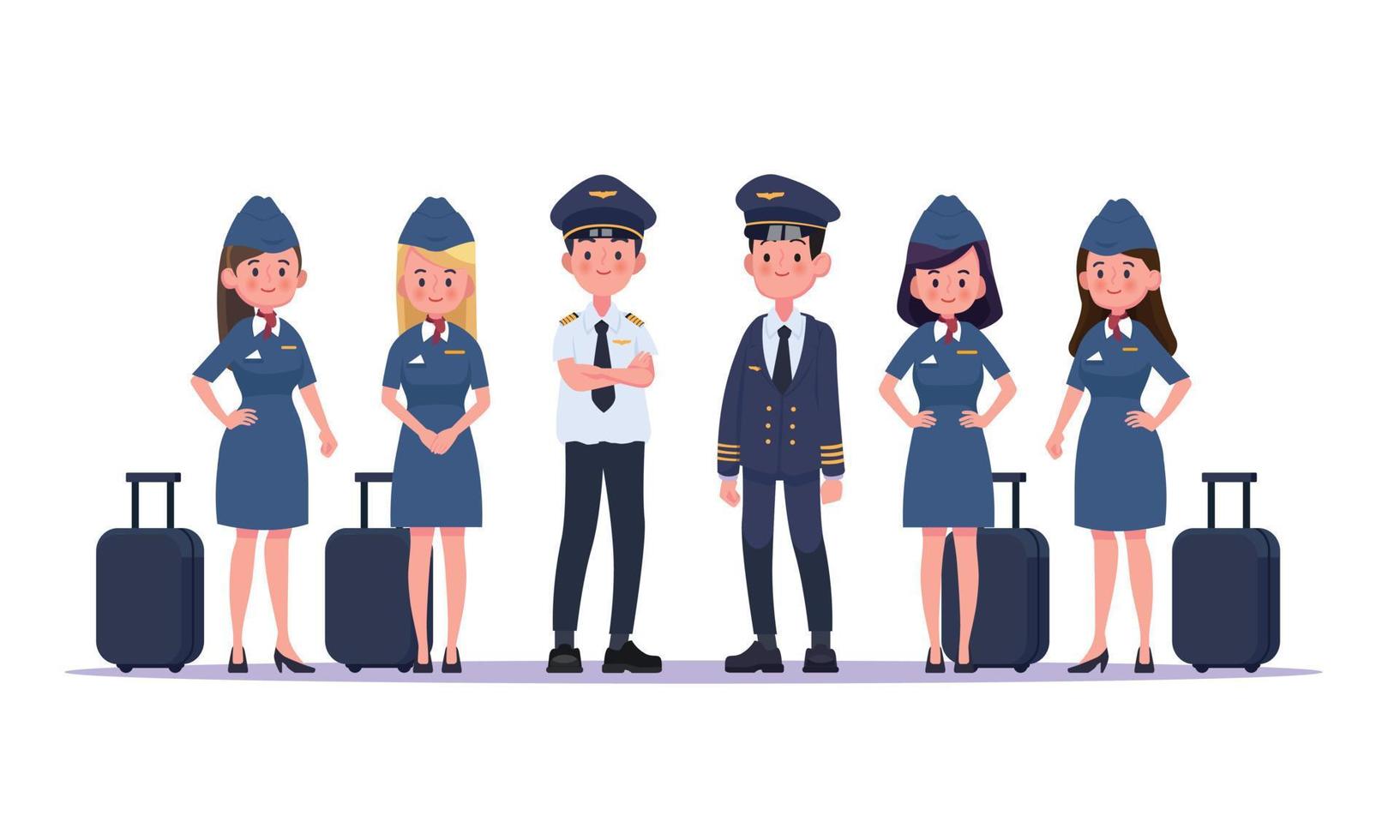 grupo de pilotos y asistentes de vuelo, azafata. personajes de personas de diseño plano. vector