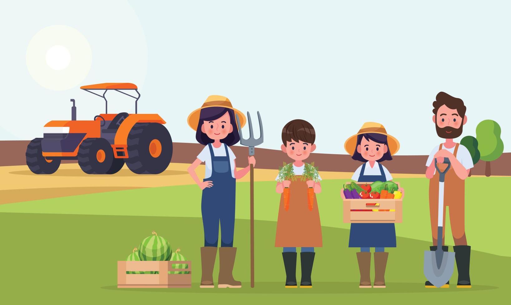 pareja de granjeros y sus hijos en el fondo de campos y tractores. trabajo de agricultura. ilustración vectorial en estilo de dibujos animados. vector