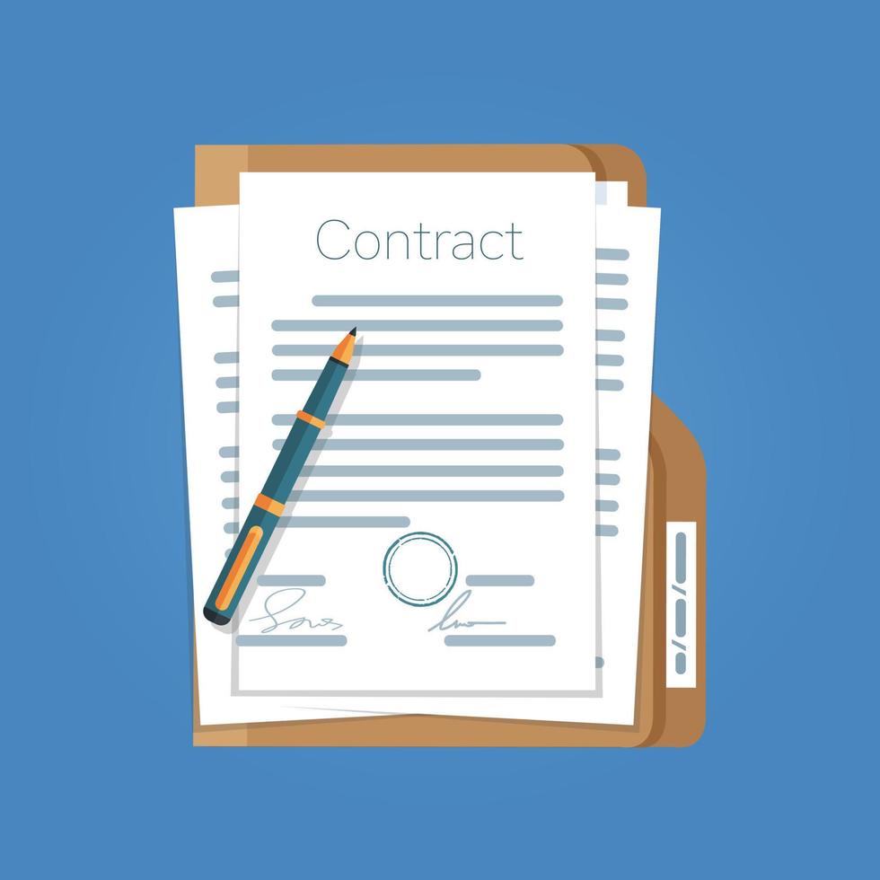 Acuerdo de papel firmado icono de contrato acuerdo pluma sobre escritorio vector de ilustración de negocio plano