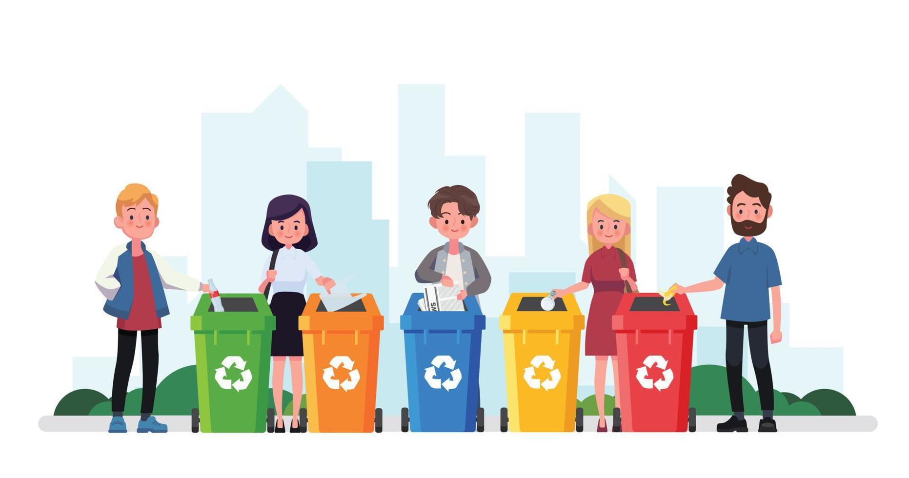 People sorting garbage into recycle bins vector
