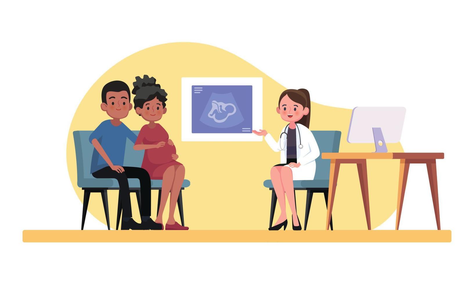 A pregnant woman and her husband consult a doctor in a gynecology office. vector