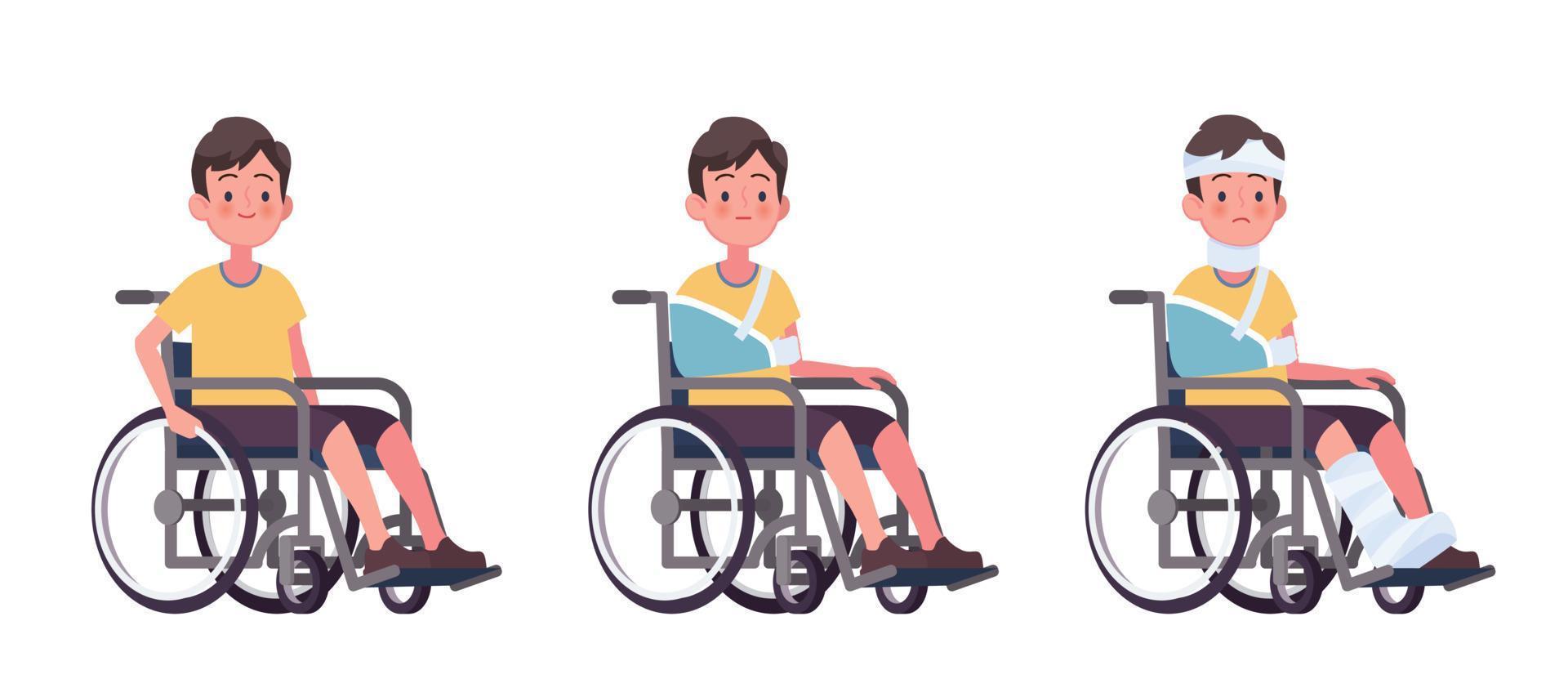 Young man in wheelchairs set, cartoon vector illustration. Injury and disability concept, rehabilitation from accident.