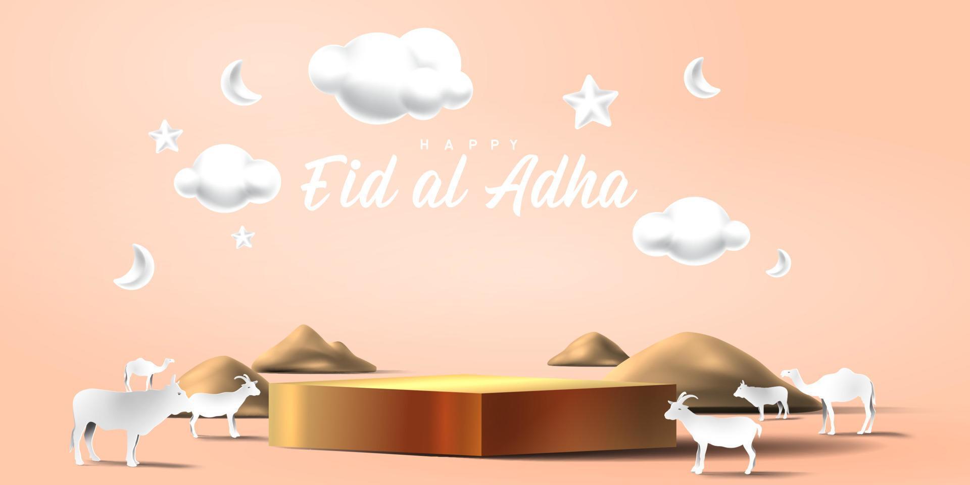 Eid al adha islamic decoration display podium background with goat, camel , cow , moon and star . Product showcase for ramadan kareem, mawlid, eid al fitr, muharram vector