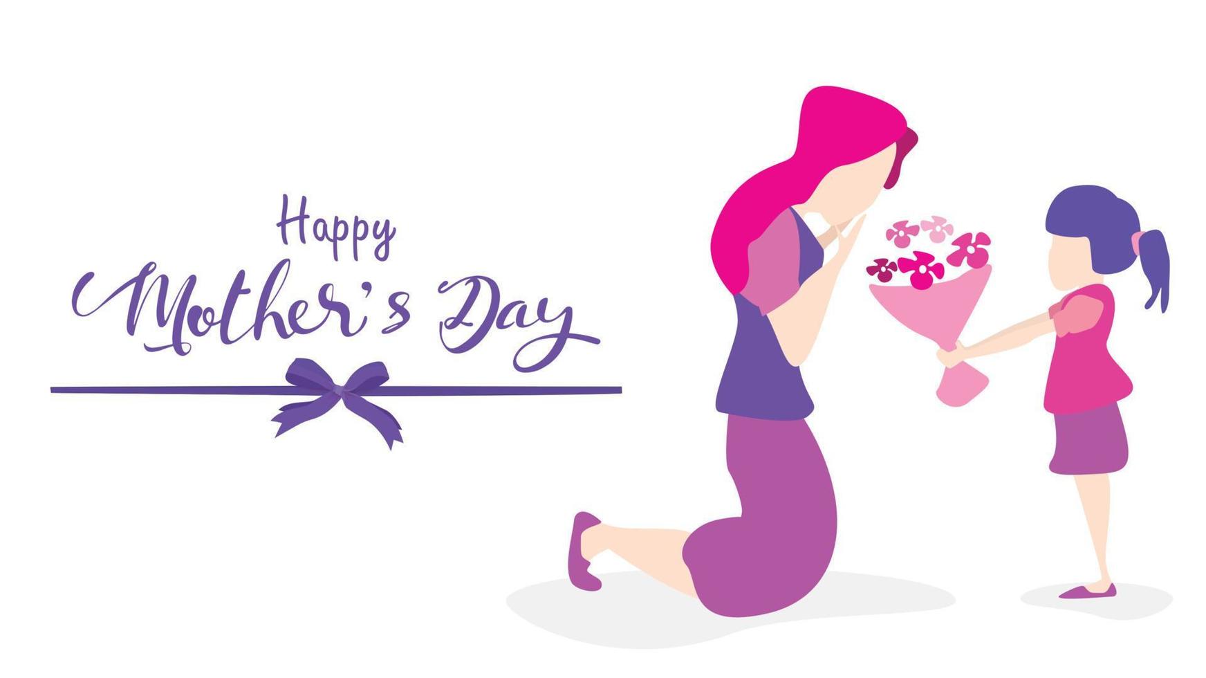 Happy mother's day Child daughter congratulates mom and gives her flowers tulips. Mum smiling and surprising. Vector illustration flat design style. - Vector