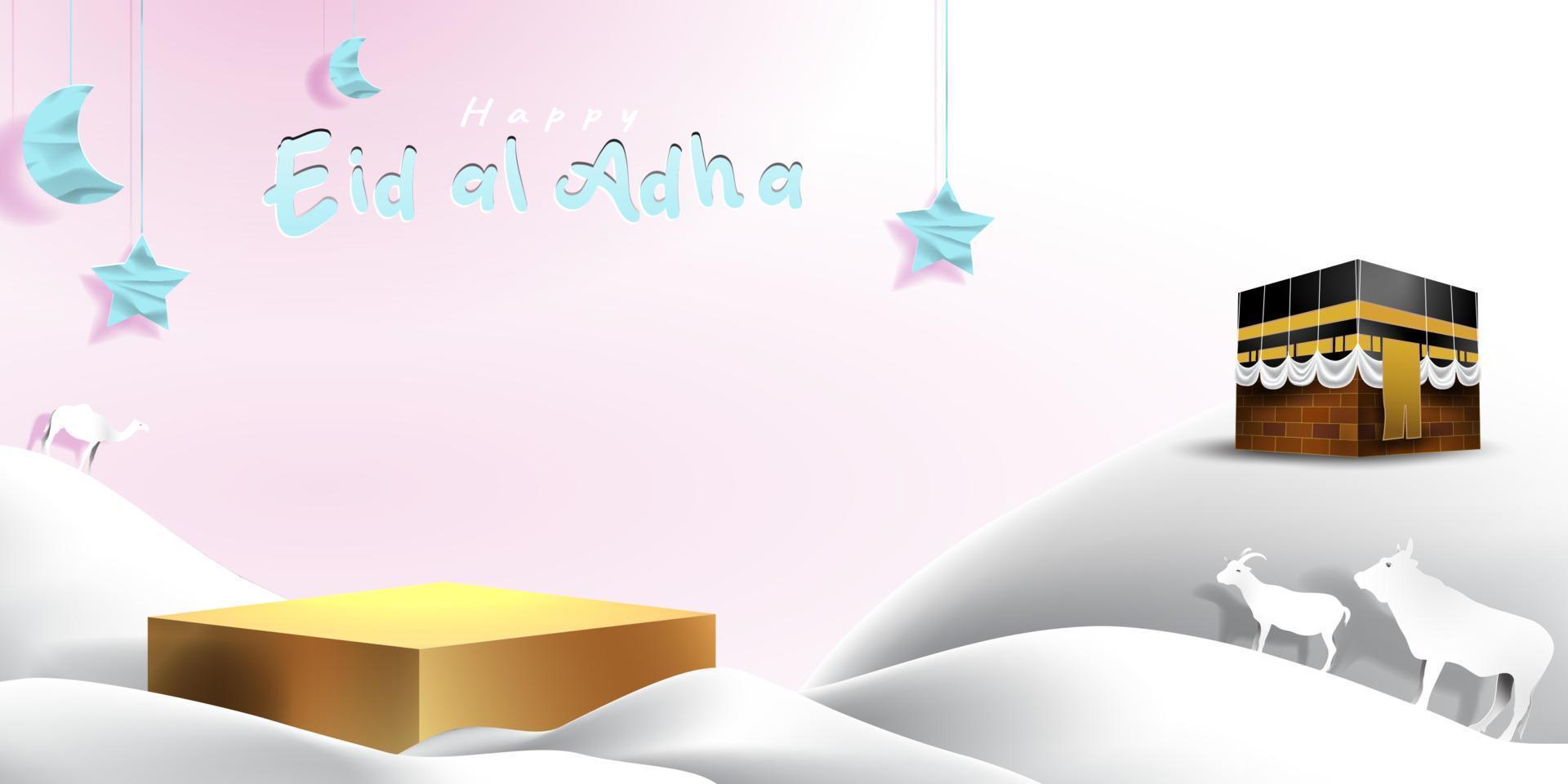 Eid al adha islamic decoration display podium background with goat, camel , cow , moon and star . Product showcase for ramadan kareem, mawlid, eid al fitr, muharram vector