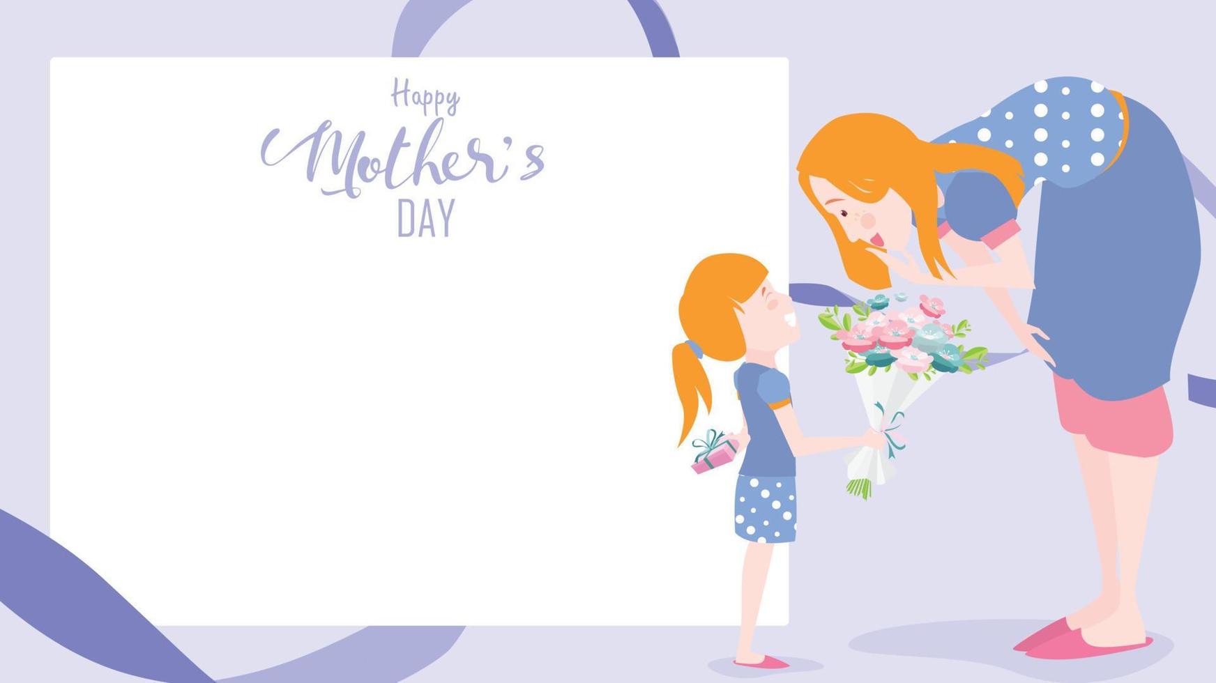 Happy mother's day greeting card. Child daughter congratulates mom and gives her flowers tulips. Vector illustration flat design style. flat cartoon style. Copy space for text. - vector
