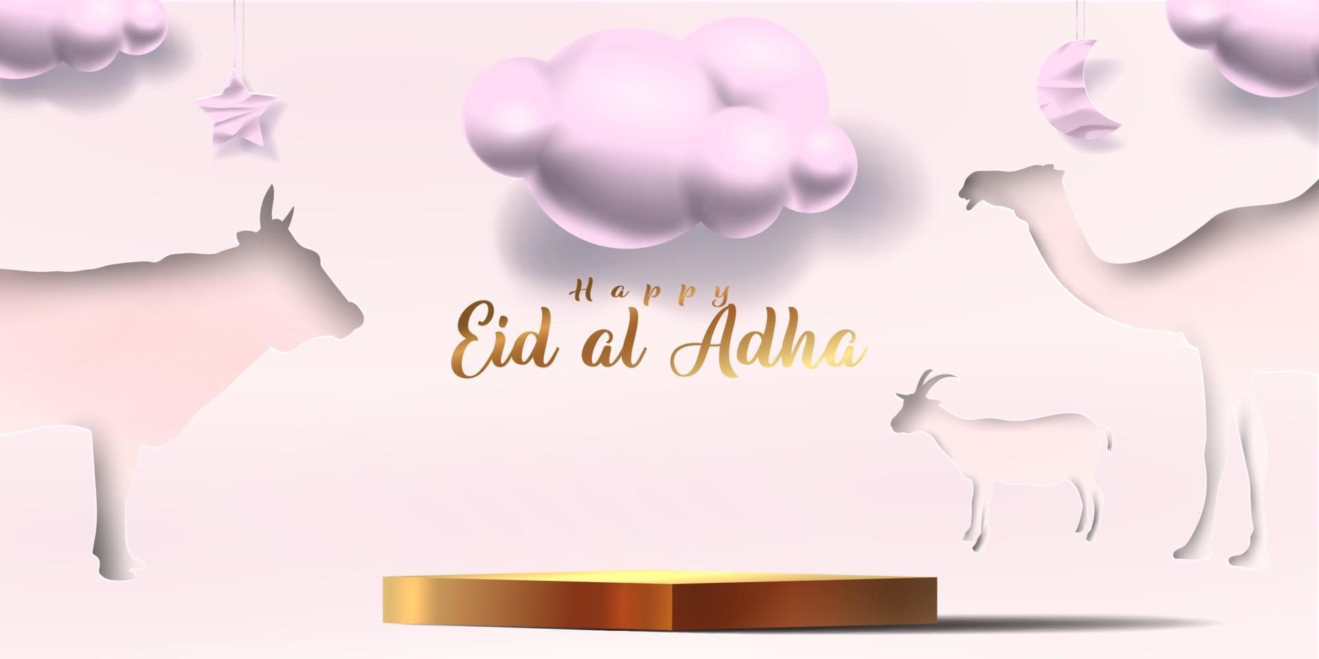 Eid al adha islamic decoration display podium background with goat, camel , cow , moon and star . Product showcase for ramadan kareem, mawlid, eid al fitr, muharram vector