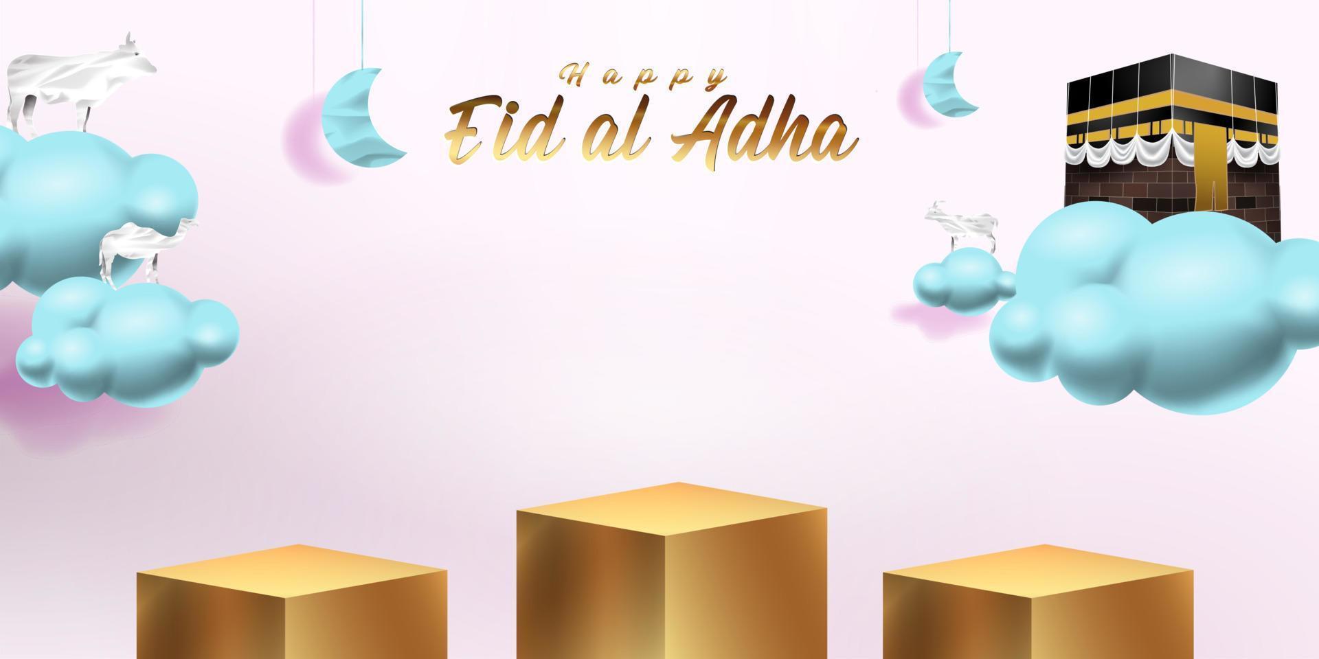 Eid al adha islamic decoration display podium background with goat, camel , cow , moon and star . Product showcase for ramadan kareem, mawlid, eid al fitr, muharram vector