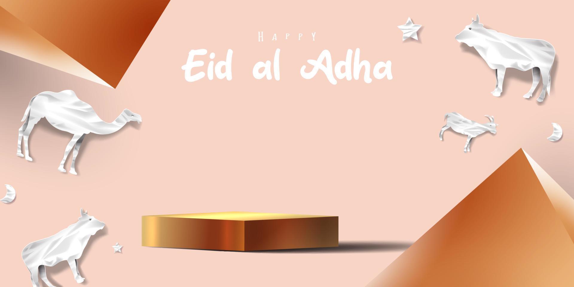 Eid al adha islamic decoration display podium background with goat, camel , cow , moon and star . Product showcase for ramadan kareem, mawlid, eid al fitr, muharram vector